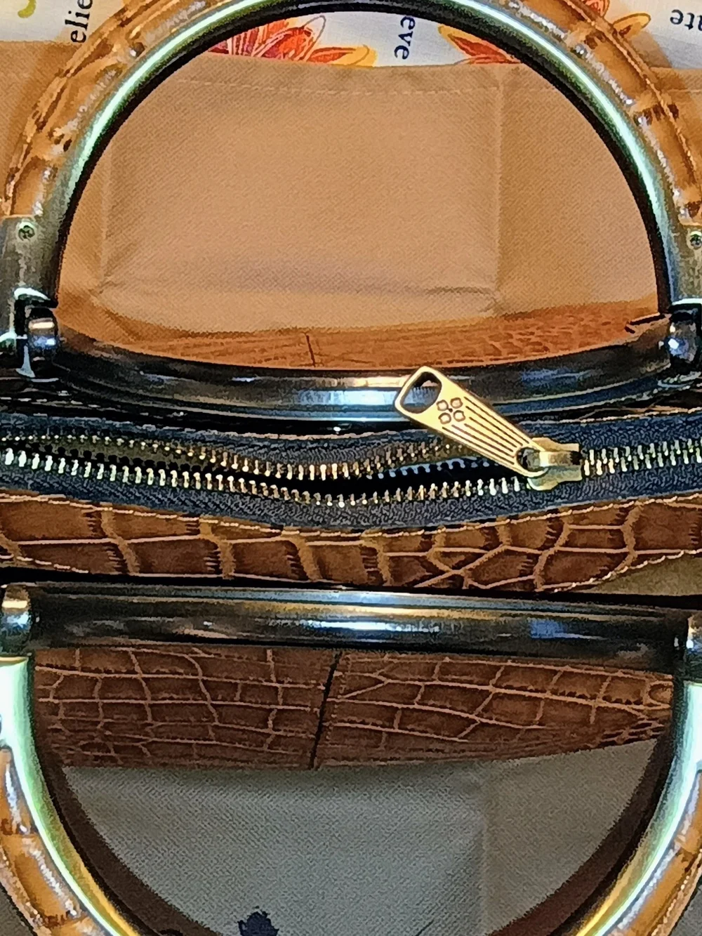 Patricia Nash Cognac Arenzano Leather Croc-Embossed Tote with Gold Ring Handle
